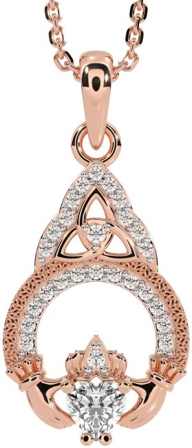 Diamond Rose Gold Claddagh Celtic Trinity Knot Necklace