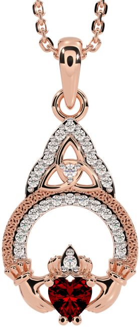 Diamond Garnet Rose Gold Claddagh Celtic Trinity Knot Necklace