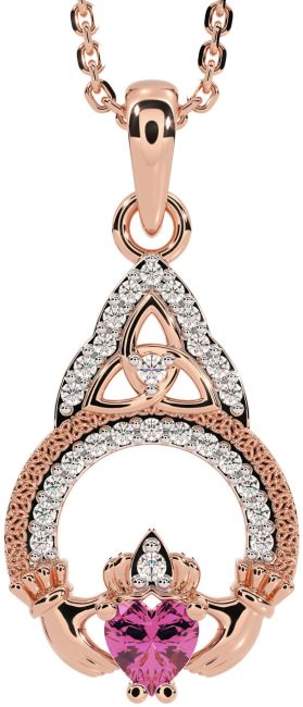 Diamond Pink Tourmaline Rose Gold Claddagh Celtic Trinity Knot Necklace