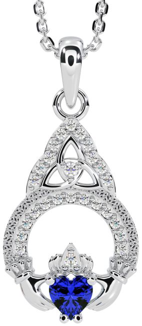 Diamond Sapphire White Gold Claddagh Celtic Trinity Knot Necklace