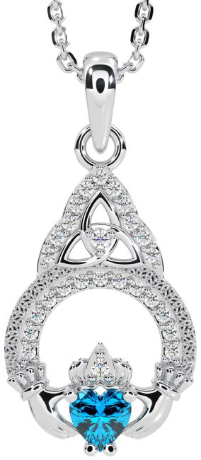 Diamond Topaz White Gold Claddagh Celtic Trinity Knot Necklace