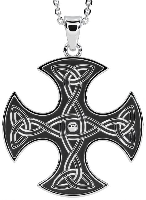 Large White Gold Black Rhodium Celtic Cross Necklace