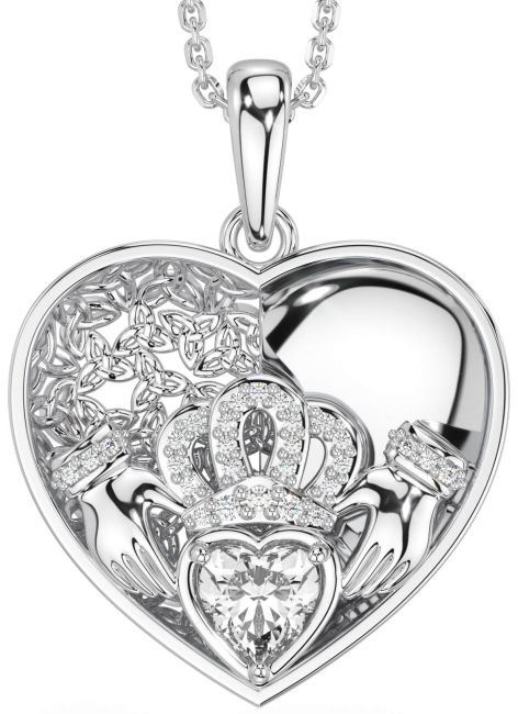 Diamond White Gold Celtic Claddagh Trinity Knot Heart Necklace