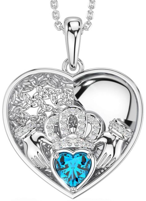 Diamond Topaz White Gold Celtic Claddagh Trinity Knot Heart Necklace