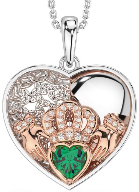 Diamond Emerald White Rose Gold Celtic Claddagh Trinity Knot Heart Necklace