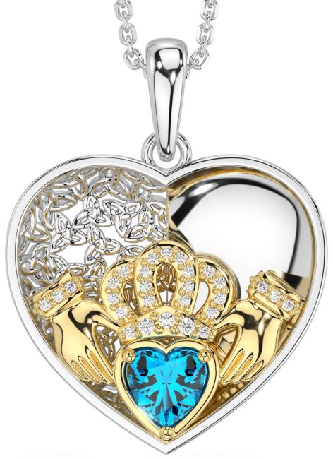 Diamond Topaz White Yellow Gold Celtic Claddagh Trinity Knot Heart Necklace