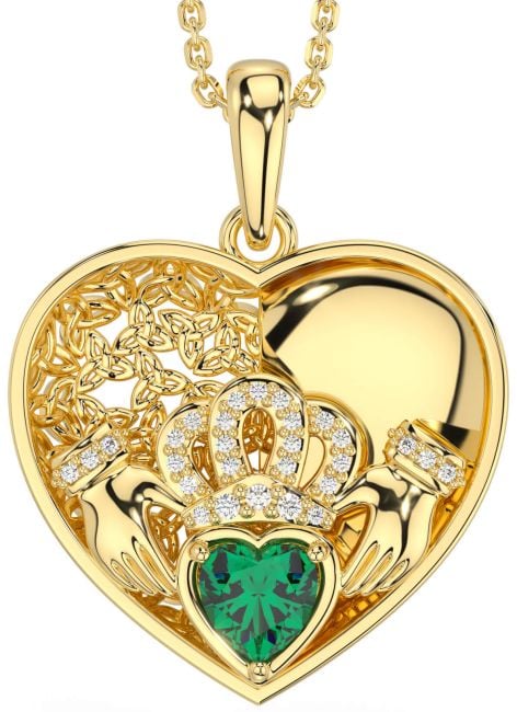 Diamond Emerald Gold Celtic Claddagh Trinity Knot Heart Necklace