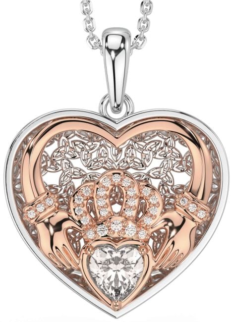 Diamond Rose Gold Silver Celtic Claddagh Trinity Knot Heart Necklace