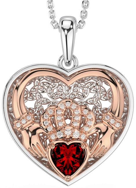Diamond Garnet Rose Gold Silver Celtic Claddagh Trinity Knot Heart Necklace