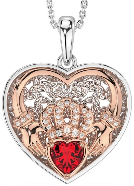 Diamond Ruby Rose Gold Silver Celtic Claddagh Trinity Knot Heart Necklace