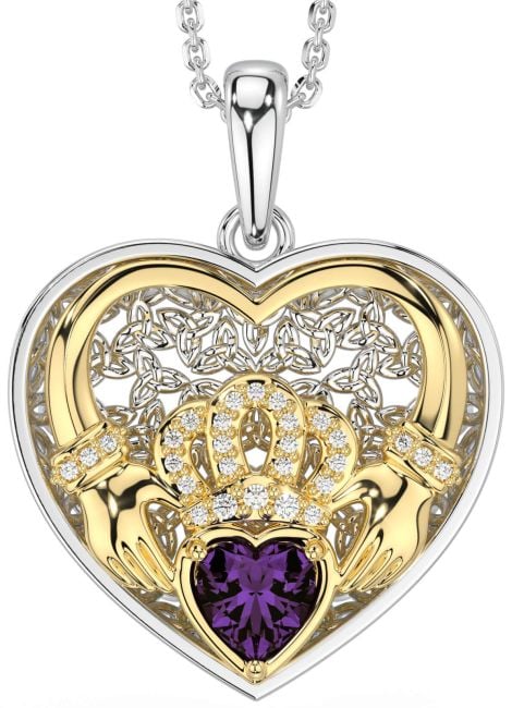 Diamond Alexandrite Gold Silver Celtic Claddagh Trinity Knot Heart Necklace