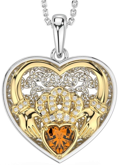 Diamond Citrine Gold Silver Celtic Claddagh Trinity Knot Heart Necklace