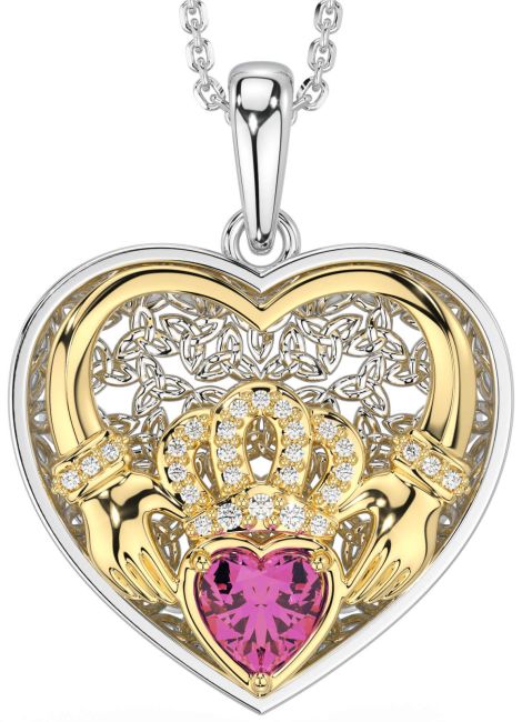 Diamond Pink Tourmaline Gold Silver Celtic Claddagh Trinity Knot Heart Necklace
