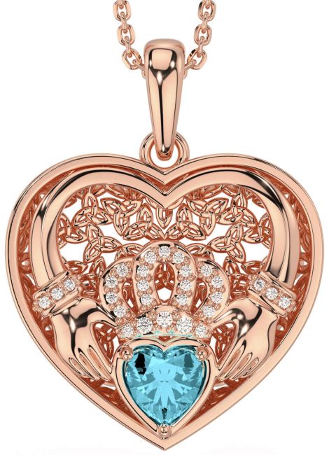 Diamond Aquamarine Rose Gold Silver Celtic Claddagh Trinity Knot Heart Necklace