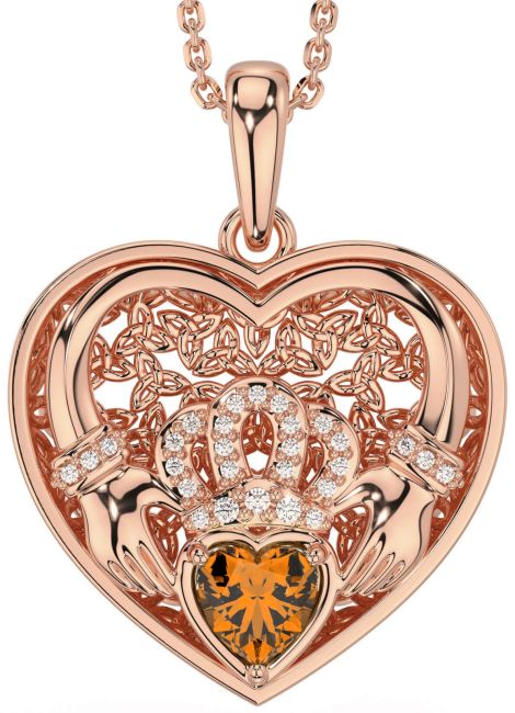 Diamond Citrine Rose Gold Silver Celtic Claddagh Trinity Knot Heart Necklace