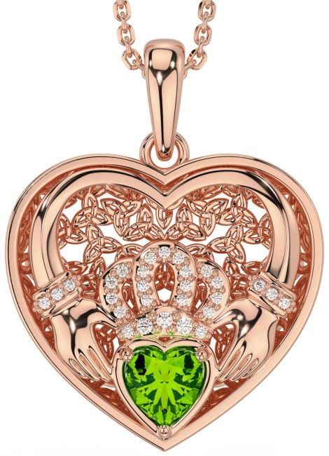 Diamond Peridot Rose Gold Silver Celtic Claddagh Trinity Knot Heart Necklace