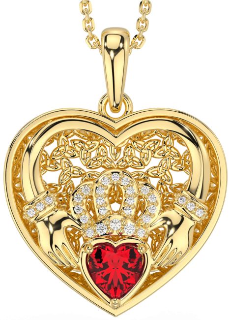 Diamond Ruby Gold Silver Celtic Claddagh Trinity Knot Heart Necklace