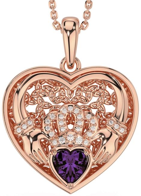 Diamond Alexandrite Rose Gold Celtic Claddagh Trinity Knot Heart Necklace