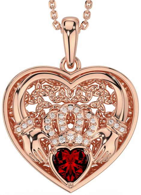 Diamond Garnet Rose Gold Celtic Claddagh Trinity Knot Heart Necklace