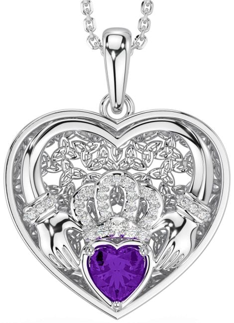 Diamond Amethyst Silver Celtic Claddagh Trinity Knot Heart Necklace