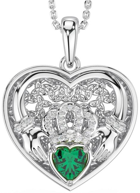 Diamond Emerald Silver Celtic Claddagh Trinity Knot Heart Necklace