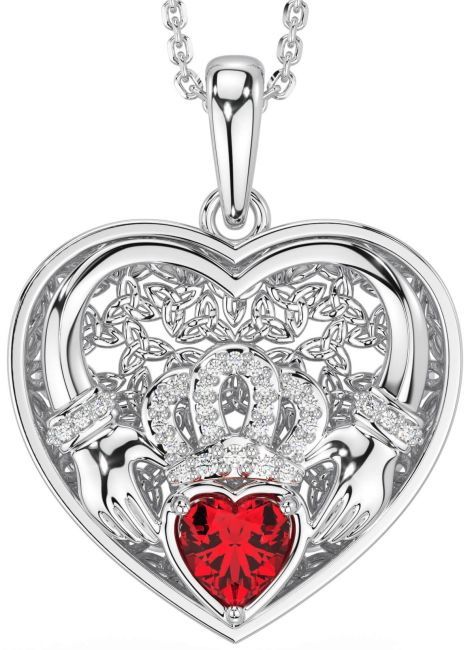 Diamond Ruby Silver Celtic Claddagh Trinity Knot Heart Necklace
