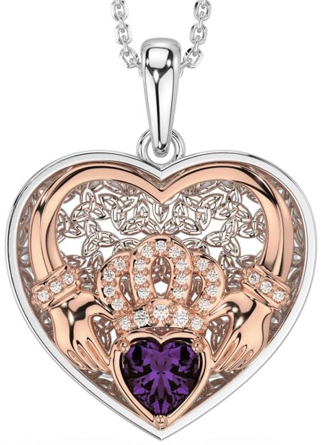 Diamond Alexandrite Rose Gold Silver Celtic Claddagh Trinity Knot Heart Necklace