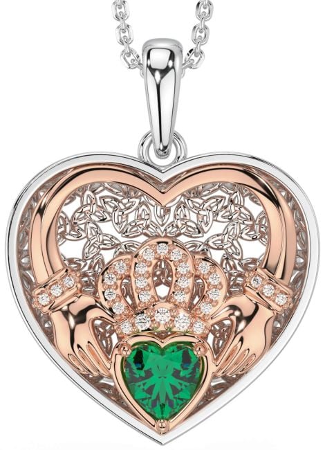 Diamond Emerald Rose Gold Silver Celtic Claddagh Trinity Knot Heart Necklace