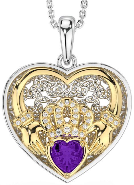 Diamond Amethyst Gold Silver Celtic Claddagh Trinity Knot Heart Necklace