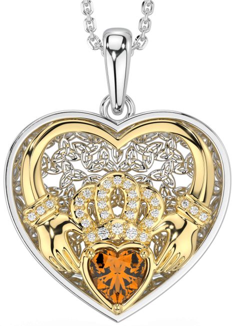 Diamond Citrine Gold Silver Celtic Claddagh Trinity Knot Heart Necklace