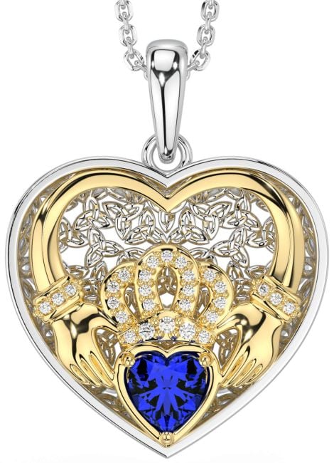 Diamond Sapphire Gold Silver Celtic Claddagh Trinity Knot Heart Necklace