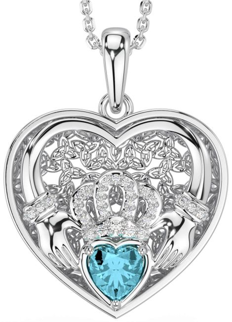 Diamond Aquamarine White Gold Celtic Claddagh Trinity Knot Heart Necklace