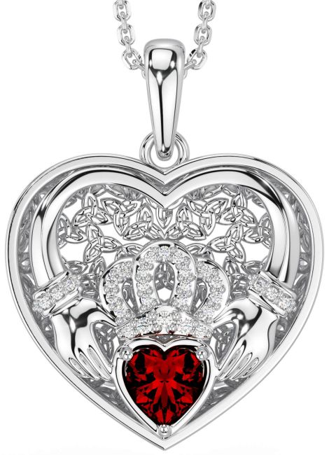 Diamond Garnet White Gold Celtic Claddagh Trinity Knot Heart Necklace