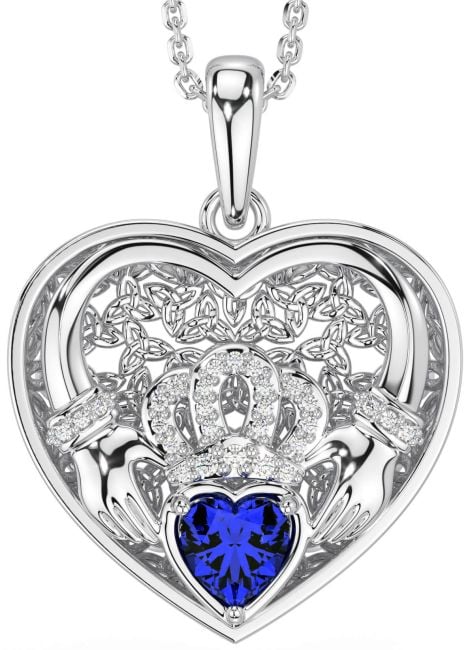 Diamond Sapphire White Gold Celtic Claddagh Trinity Knot Heart Necklace