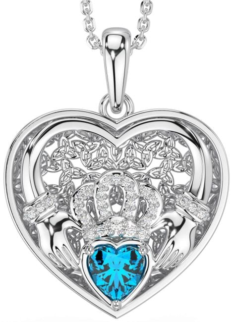 Diamond Topaz White Gold Celtic Claddagh Trinity Knot Heart Necklace