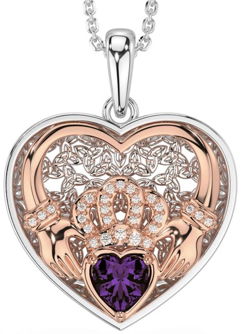 Diamond Alexandrite White Rose Gold Celtic Claddagh Trinity Knot Heart Necklace