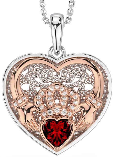 Diamond Garnet White Rose Gold Celtic Claddagh Trinity Knot Heart Necklace