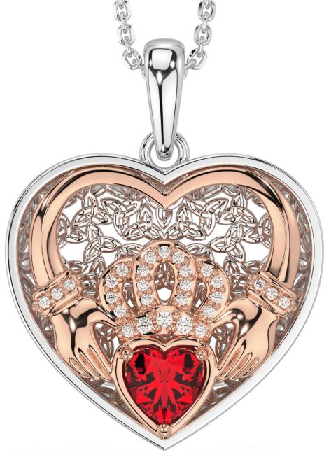 Diamond Ruby White Rose Gold Celtic Claddagh Trinity Knot Heart Necklace