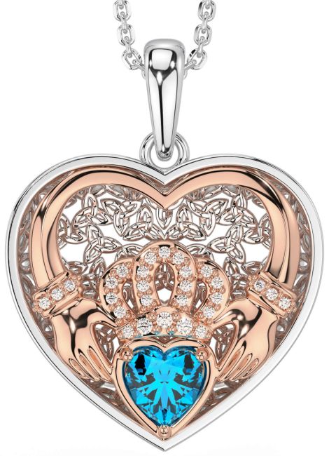 Diamond Topaz White Rose Gold Celtic Claddagh Trinity Knot Heart Necklace