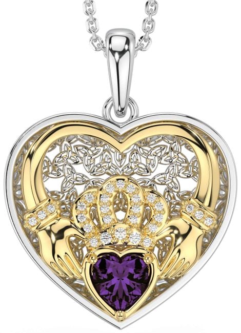 Diamond Alexandrite White Yellow Gold Celtic Claddagh Trinity Knot Heart Necklace