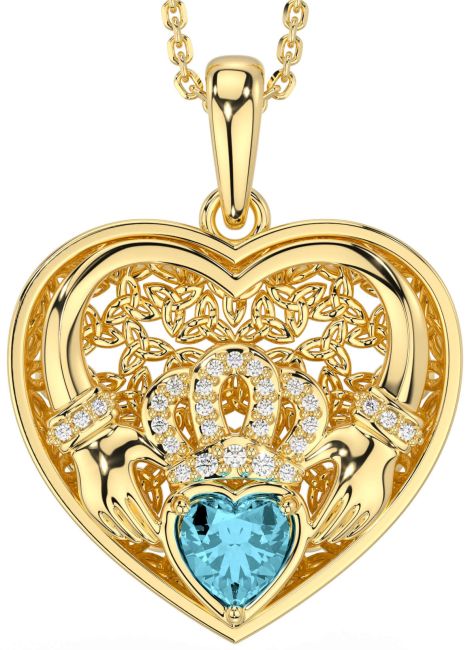 Diamond Aquamarine Gold Celtic Claddagh Trinity Knot Heart Necklace