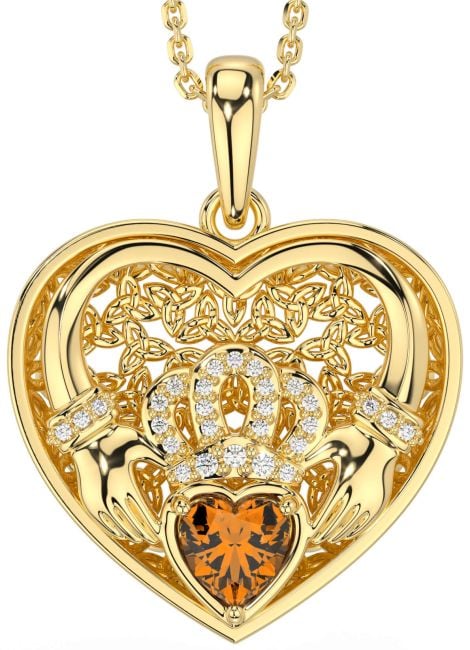 Diamond Citrine Gold Celtic Claddagh Trinity Knot Heart Necklace