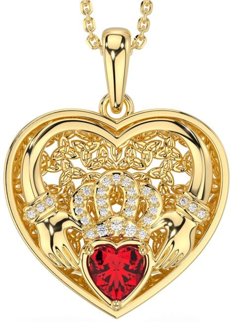 Diamond Ruby Gold Celtic Claddagh Trinity Knot Heart Necklace