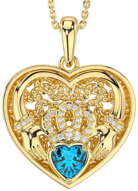 Diamond Topaz Gold Celtic Claddagh Trinity Knot Heart Necklace