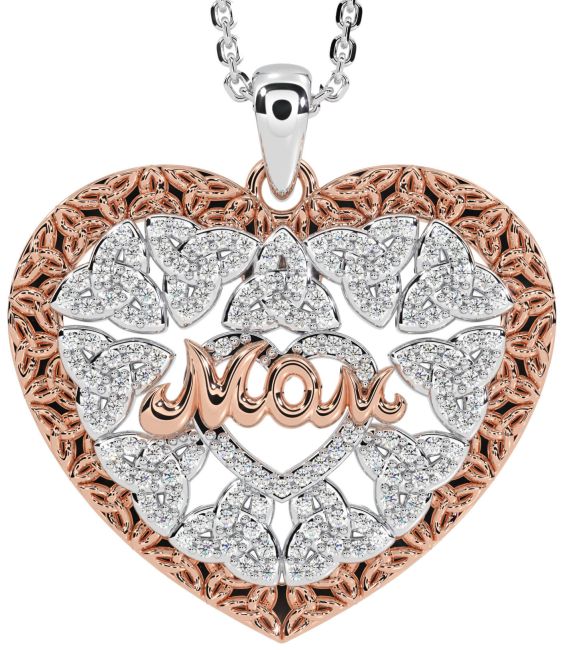 Diamond Rose Gold Silver Celtic Trinity Knot Heart Mom Necklace