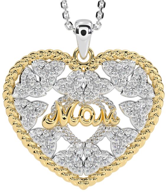 Diamond Gold Silver Celtic Trinity Knot Heart Mom Necklace