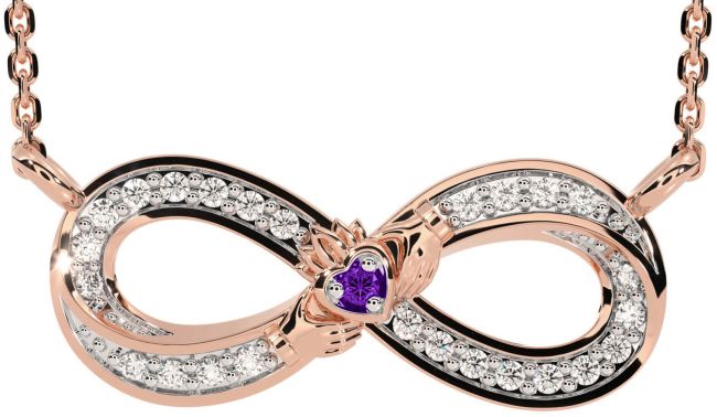 Diamond Amethyst Rose Gold Infinity Claddagh Necklace