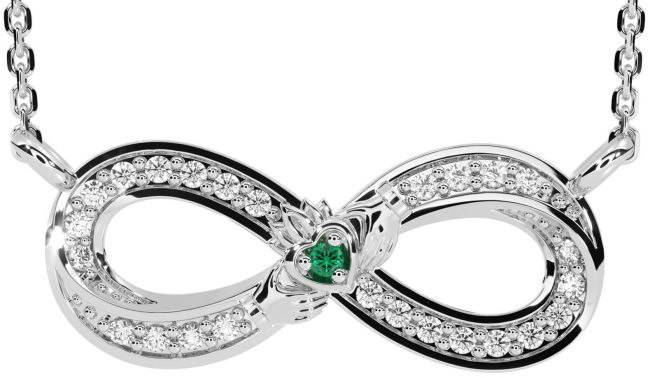 Diamond Emerald Silver Infinity Claddagh Necklace