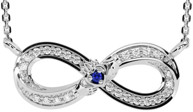 Diamond Sapphire Silver Infinity Claddagh Necklace