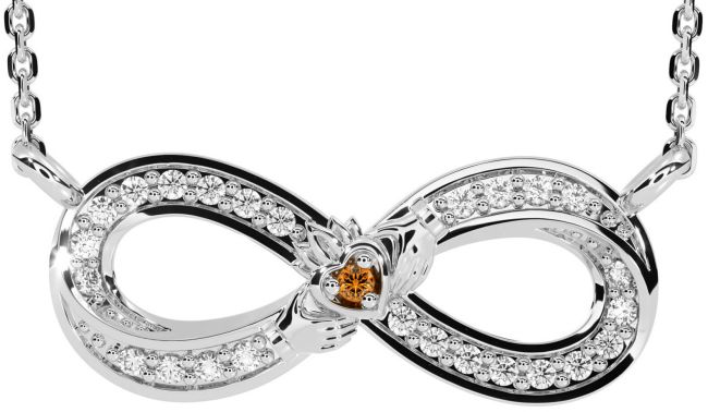 Diamond Citrine White Gold Infinity Claddagh Necklace